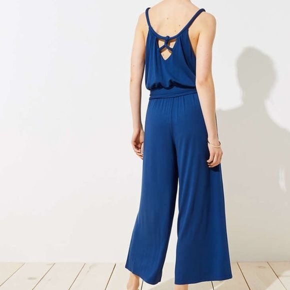LOFT Jumpsuit S Blue Flowy Tie Waist Blue Jumpsuit Relaxed Soft Summer NEW - Picture 2 of 11